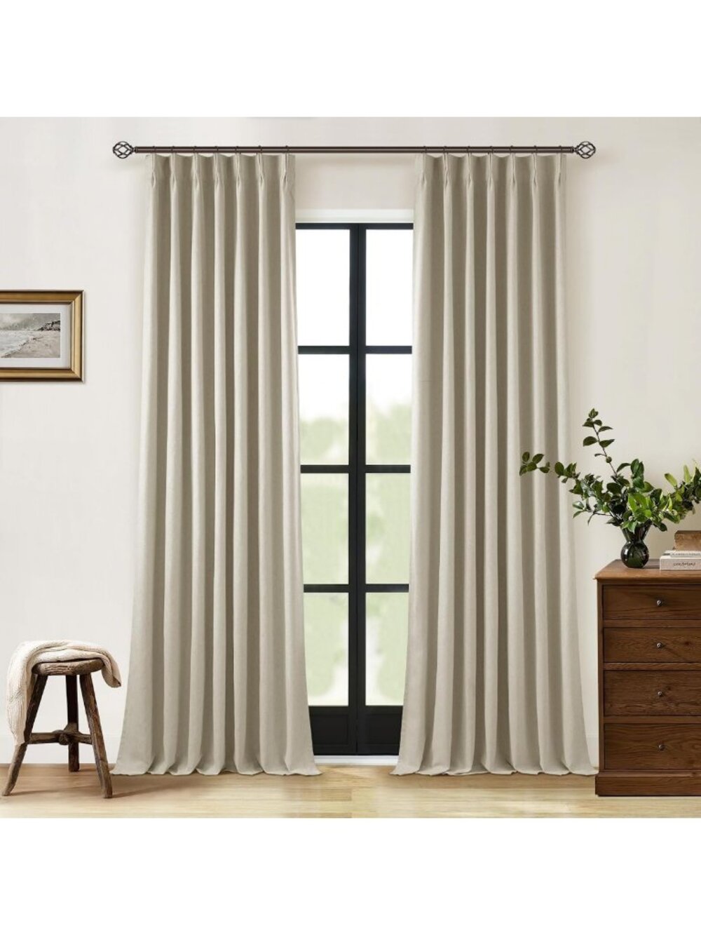108” Long Blackout Pleated Linen Curtains - 2 Panels, Stylish Burlywood Birch